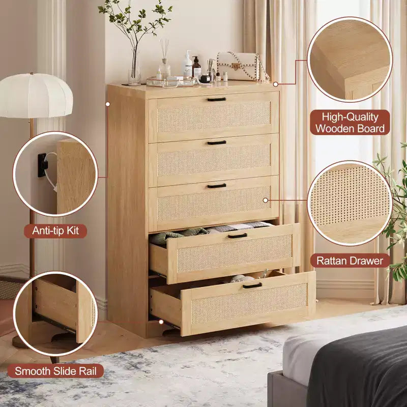 COZONY Commode haute en rotin de 80 cm avec 5 tiroirs, commode de rangement en bois avec large plateau pour chambre à coucher et entrée