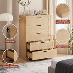 COZONY Commode haute en rotin de 80 cm avec 5 tiroirs, commode de rangement en bois avec large plateau pour chambre à coucher et entrée