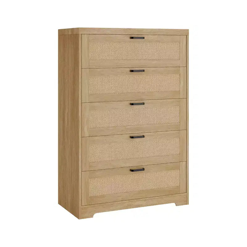 COZONY Commode haute en rotin de 80 cm avec 5 tiroirs, commode de rangement en bois avec large plateau pour chambre à coucher et entrée