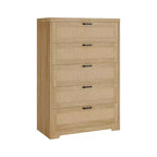 COZONY Commode haute en rotin de 80 cm avec 5 tiroirs, commode de rangement en bois avec large plateau pour chambre à coucher et entrée