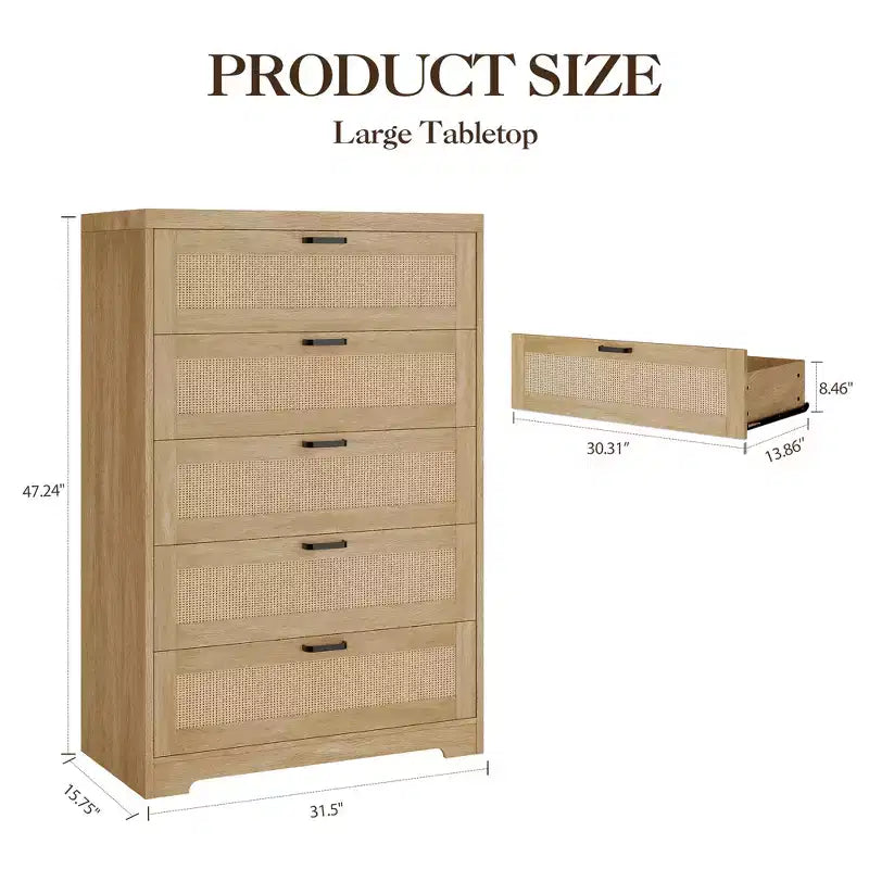 COZONY Commode haute en rotin de 80 cm avec 5 tiroirs, commode de rangement en bois avec large plateau pour chambre à coucher et entrée