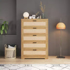 COZONY Commode haute en rotin de 80 cm avec 5 tiroirs, commode de rangement en bois avec large plateau pour chambre à coucher et entrée
