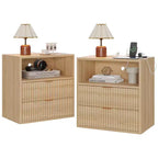 Fluted Night Stand Set of 2 with Charging Station, Mid Century Modern Night Stand, 2 Drawers End Table with Storage