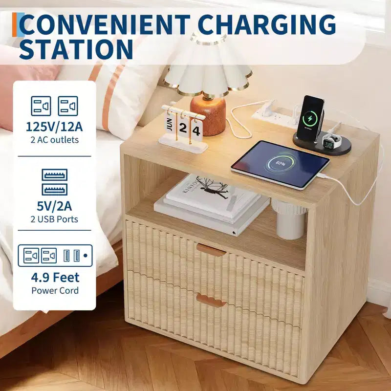 Table de Chevet Cannelée (lot de 2) avec Station de Charge, Table de Chevet Moderne du Milieu du Siècle, Table d'Appoint à 2 Tiroirs avec Rangement