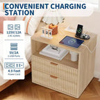 Table de Chevet Cannelée (lot de 2) avec Station de Charge, Table de Chevet Moderne du Milieu du Siècle, Table d'Appoint à 2 Tiroirs avec Rangement