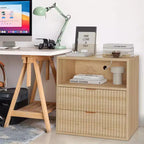 Table de Chevet Cannelée (lot de 2) avec Station de Charge, Table de Chevet Moderne du Milieu du Siècle, Table d'Appoint à 2 Tiroirs avec Rangement