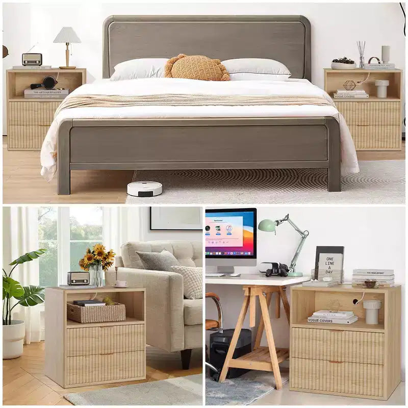 Table de Chevet Cannelée (lot de 2) avec Station de Charge, Table de Chevet Moderne du Milieu du Siècle, Table d'Appoint à 2 Tiroirs avec Rangement