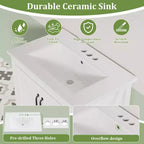Meuble-lavabo de salle de bain moderne 24/30 avec évier en céramique - Meuble autoportant avec 2 portes et 1 tiroir de rangement pour petite salle de bain