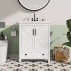Meuble-lavabo de salle de bain moderne 24/30 avec évier en céramique - Meuble autoportant avec 2 portes et 1 tiroir de rangement pour petite salle de bain