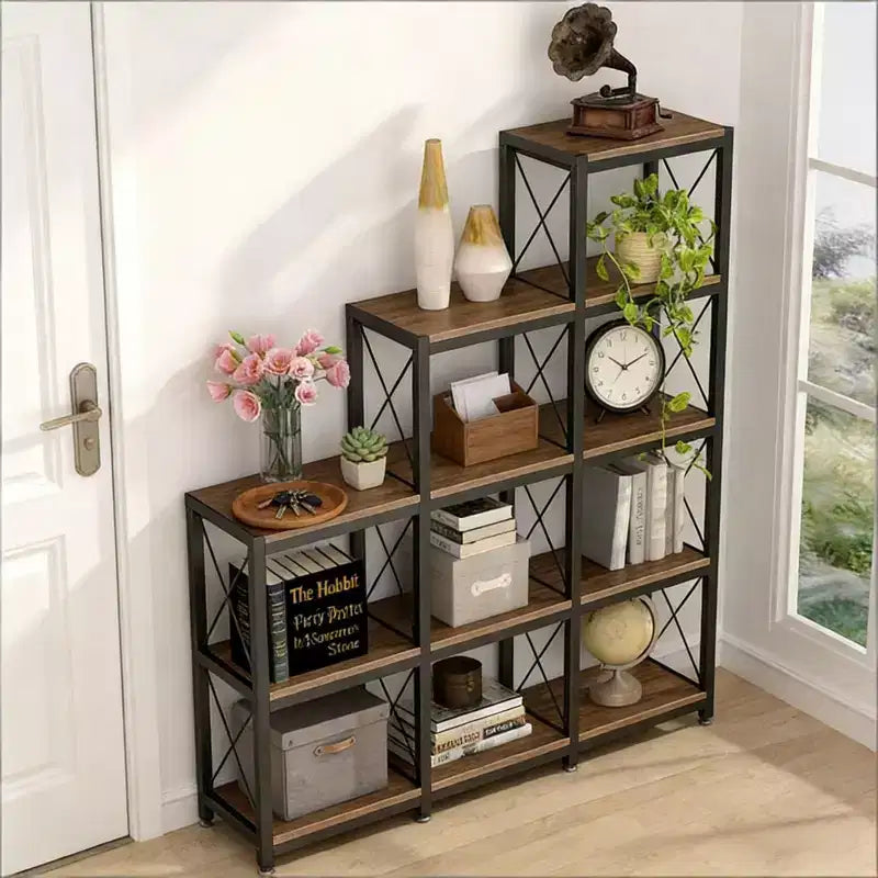 NAYSAYE Étagère d'Angle en Forme d'Escalier à 9 Cubes en Bois et Métal, Bibliothèque en L, Meuble de Rangement pour Salon et Bureau, Noir, 45.31*11.82*52.01