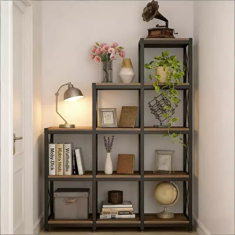 NAYSAYE Étagère d'Angle en Forme d'Escalier à 9 Cubes en Bois et Métal, Bibliothèque en L, Meuble de Rangement pour Salon et Bureau, Noir, 45.31*11.82*52.01