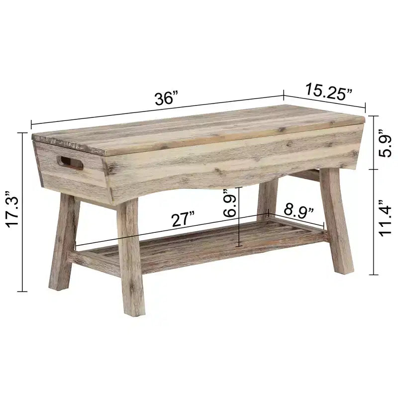 Banc eHemco en bois massif avec étagère de rangement et 4 panneaux, 36x15,25x17,3 pouces, finition blanchie
