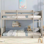 Bellemave Lit superposé jumeau sur jumeau avec têtes et pieds de lit à panneaux, cadre de lit superposé en bois d'hévéa avec barrières de sécurité et échelle, chêne antique