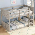 Bellemave Lit superposé jumeau sur jumeau avec têtes et pieds de lit à panneaux, cadre de lit superposé en bois d'hévéa avec barrières de sécurité et échelle, chêne antique