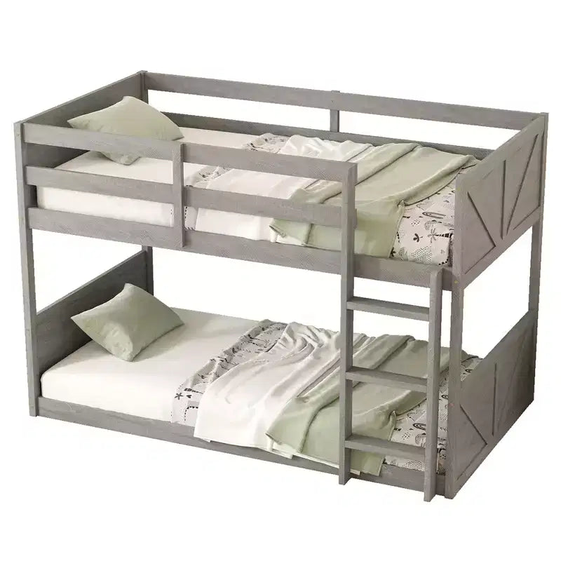 Bellemave Lit superposé jumeau sur jumeau avec têtes et pieds de lit à panneaux, cadre de lit superposé en bois d'hévéa avec barrières de sécurité et échelle, chêne antique