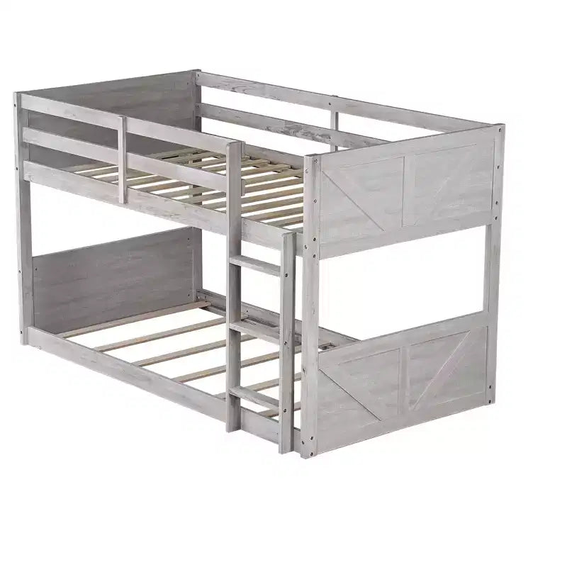 Bellemave Lit superposé jumeau sur jumeau avec têtes et pieds de lit à panneaux, cadre de lit superposé en bois d'hévéa avec barrières de sécurité et échelle, chêne antique