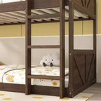 Bellemave Lit superposé jumeau sur jumeau avec têtes et pieds de lit à panneaux, cadre de lit superposé en bois d'hévéa avec barrières de sécurité et échelle, chêne antique