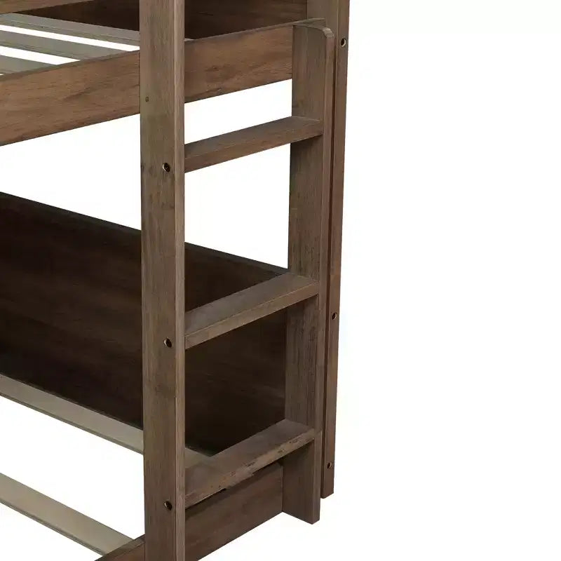 Bellemave Lit superposé jumeau sur jumeau avec têtes et pieds de lit à panneaux, cadre de lit superposé en bois d'hévéa avec barrières de sécurité et échelle, chêne antique