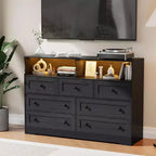 Commode en bois à 7 tiroirs - Commode moderne avec station de recharge USB et lumières LED, 2 casiers ouverts - Grande commode de chambre, Organisateur de rangement