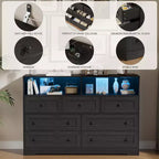 Commode en bois à 7 tiroirs - Commode moderne avec station de recharge USB et lumières LED, 2 casiers ouverts - Grande commode de chambre, Organisateur de rangement