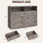 Commode en bois à 7 tiroirs - Commode moderne avec station de recharge USB et lumières LED, 2 casiers ouverts - Grande commode de chambre, Organisateur de rangement