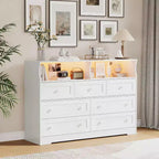 Commode en bois à 7 tiroirs - Commode moderne avec station de recharge USB et lumières LED, 2 casiers ouverts - Grande commode de chambre, Organisateur de rangement