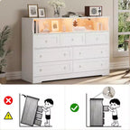 Commode en bois à 7 tiroirs - Commode moderne avec station de recharge USB et lumières LED, 2 casiers ouverts - Grande commode de chambre, Organisateur de rangement
