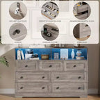 Commode en bois à 7 tiroirs - Commode moderne avec station de recharge USB et lumières LED, 2 casiers ouverts - Grande commode de chambre, Organisateur de rangement