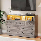Commode en bois à 7 tiroirs - Commode moderne avec station de recharge USB et lumières LED, 2 casiers ouverts - Grande commode de chambre, Organisateur de rangement