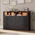 Commode en bois à 7 tiroirs - Commode moderne avec station de recharge USB et lumières LED, 2 casiers ouverts - Grande commode de chambre, Organisateur de rangement