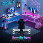 Bureau d'angle en L de 55 pouces pour jeux vidéo, rose, avec support pour écran, étagères de rangement à 3 niveaux, bureau de jeu moderne en fibre de carbone, configuration peu encombrante