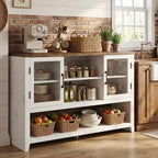 Buffet de 135 cm avec 3 étagères et 2 portes vitrées – Armoire de style moderne du milieu du siècle pour ranger du café, des livres ou de la vaisselle