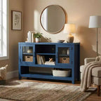 Buffet de 135 cm avec 3 étagères et 2 portes vitrées – Armoire de style moderne du milieu du siècle pour ranger du café, des livres ou de la vaisselle