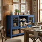 Buffet de 135 cm avec 3 étagères et 2 portes vitrées – Armoire de style moderne du milieu du siècle pour ranger du café, des livres ou de la vaisselle