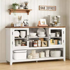 Buffet de 135 cm avec 3 étagères et 2 portes vitrées – Armoire de style moderne du milieu du siècle pour ranger du café, des livres ou de la vaisselle