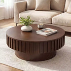 Table basse ronde Costway avec rangement, table basse tambour en bois avec compartiment caché Noyer/Naturel