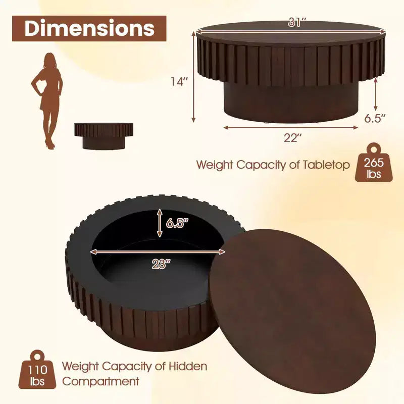 Table basse ronde Costway avec rangement, table basse tambour en bois avec compartiment caché Noyer/Naturel