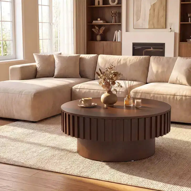 Table basse ronde Costway avec rangement, table basse tambour en bois avec compartiment caché Noyer/Naturel