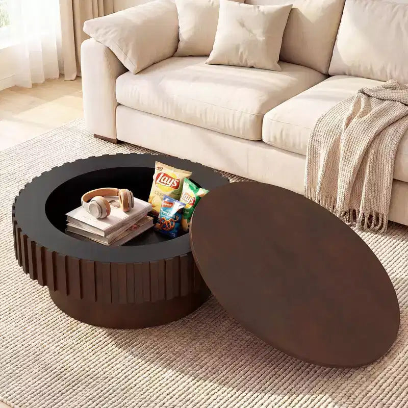 Table basse ronde Costway avec rangement, table basse tambour en bois avec compartiment caché Noyer/Naturel