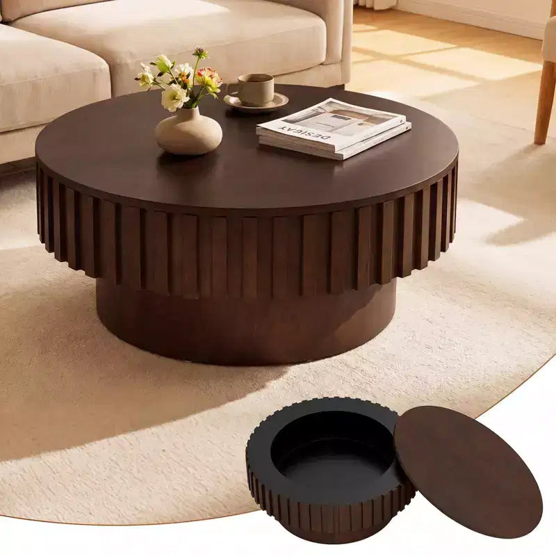 Table basse ronde Costway avec rangement, table basse tambour en bois avec compartiment caché Noyer/Naturel