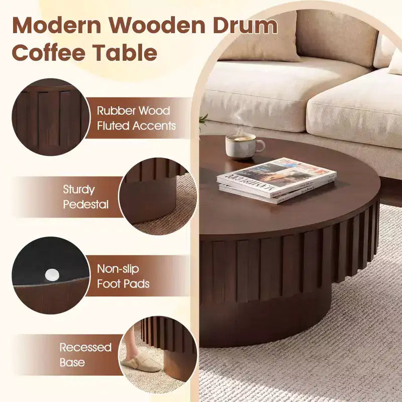Table basse ronde Costway avec rangement, table basse tambour en bois avec compartiment caché Noyer/Naturel