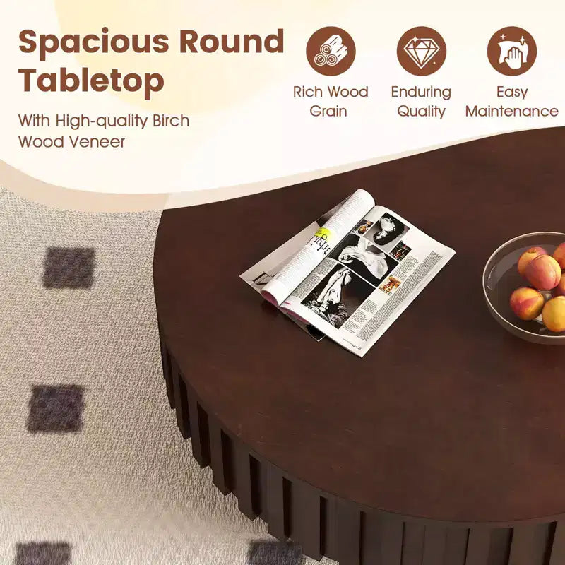 Table basse ronde Costway avec rangement, table basse tambour en bois avec compartiment caché Noyer/Naturel