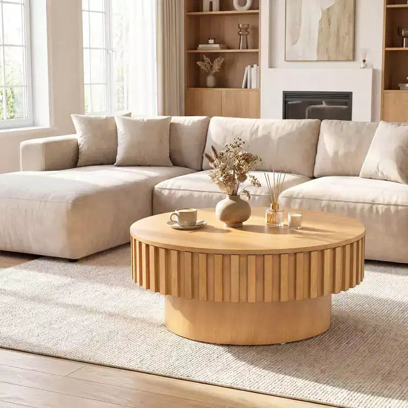 Table basse ronde Costway avec rangement, table basse tambour en bois avec compartiment caché Noyer/Naturel