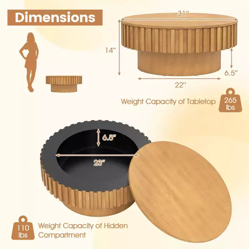 Table basse ronde Costway avec rangement, table basse tambour en bois avec compartiment caché Noyer/Naturel