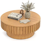 Table basse ronde Costway avec rangement, table basse tambour en bois avec compartiment caché Noyer/Naturel