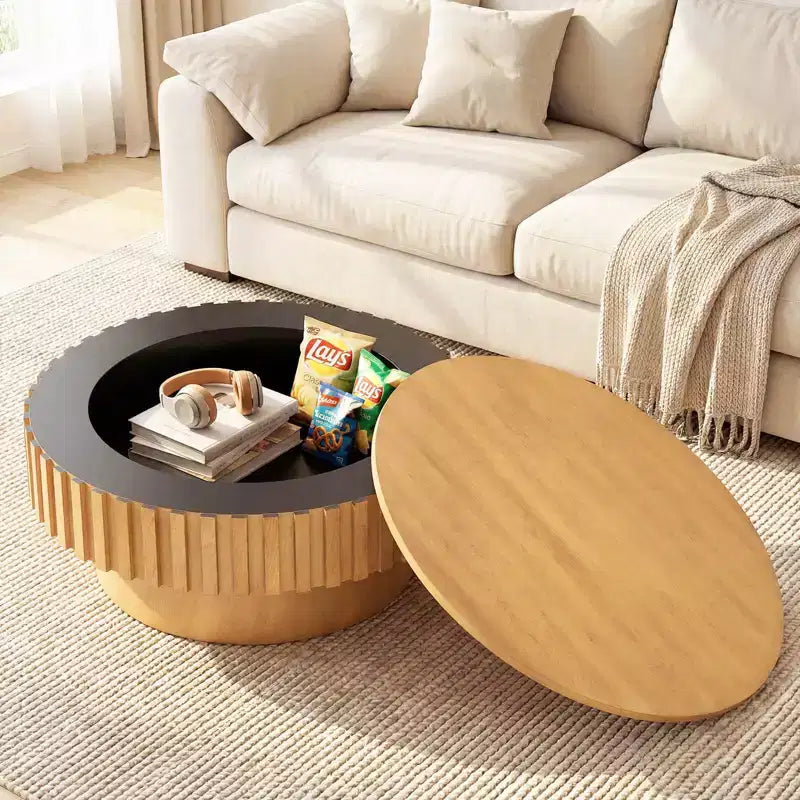 Table basse ronde Costway avec rangement, table basse tambour en bois avec compartiment caché Noyer/Naturel