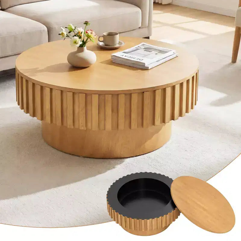 Table basse ronde Costway avec rangement, table basse tambour en bois avec compartiment caché Noyer/Naturel