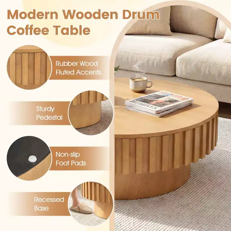 Table basse ronde Costway avec rangement, table basse tambour en bois avec compartiment caché Noyer/Naturel