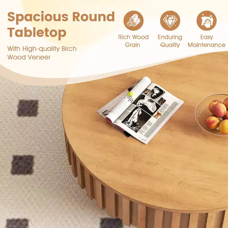Table basse ronde Costway avec rangement, table basse tambour en bois avec compartiment caché Noyer/Naturel