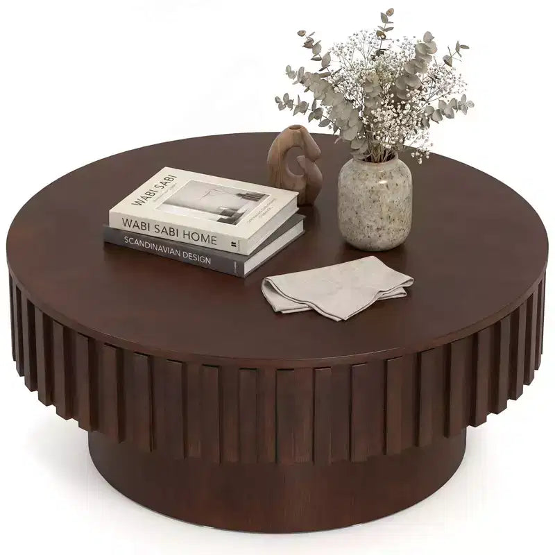 Table basse ronde Costway avec rangement, table basse tambour en bois avec compartiment caché Noyer/Naturel